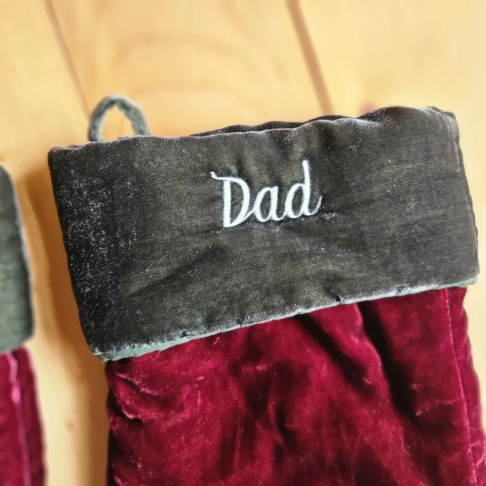 TWO Pottery Barn Christmas Stockings Maroon Green Velvet Mom Dad Embroidered 21